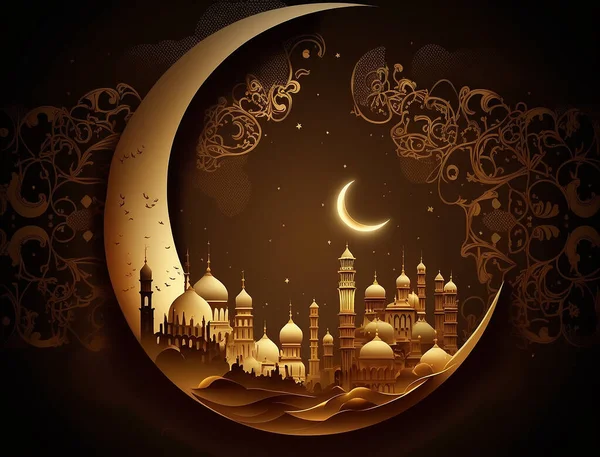 Ramadan kareem and Ramadane mubarak. Shiny Exquisite Crescent Moon With Carved Mosque