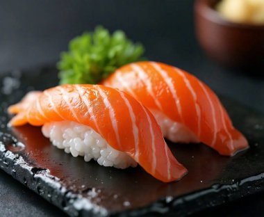 İki somon nigiri suşi parçası siyah bir tabakta sunuluyor, tadını çıkarmaya hazır.