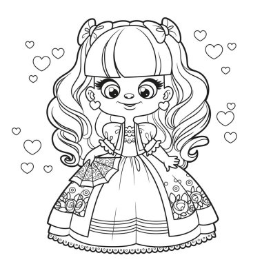 Hoş çizgi film, uzun saçlı balo elbiseli prenses elinde yelpaze, beyaz arka planda boyama sayfası var.