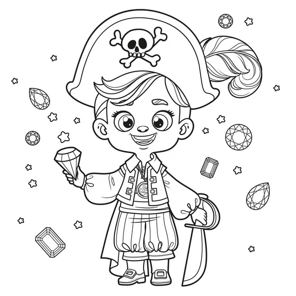 Roztomilý Kreslený Pirát Chlapec Šavlí Šperky Nastíněné Pro Zbarvení Stránky — Stockový vektor