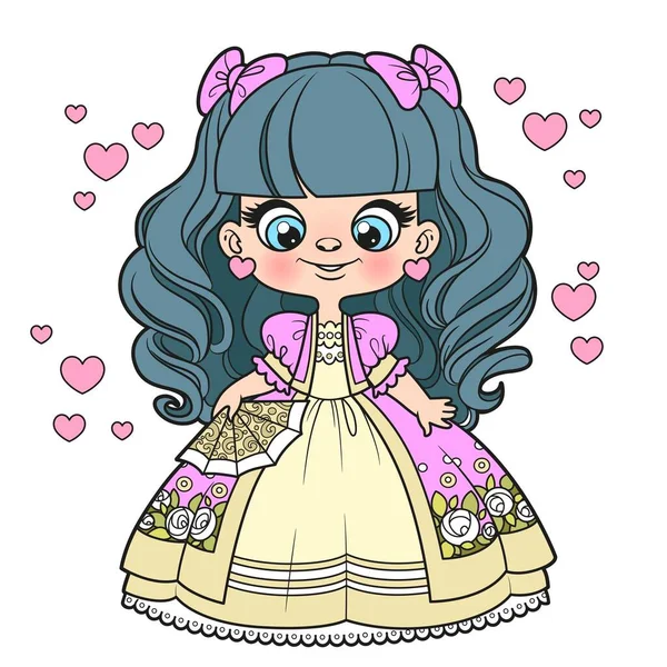 Cute Cartoon Long Haired Princess Girl Ball Dress Fan Hand — Stock Vector