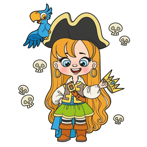 Roztomilý Karikatura Dlouhosrstý Pirát Dívka Zlatou Korunou Ruce Papoušek Klobouk — Stockový vektor