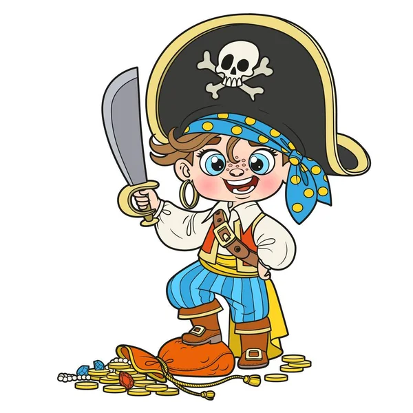Roztomilý Kreslený Pirát Chlapec Šavlí Poklady Trofeje Barevné Variace Pro — Stockový vektor