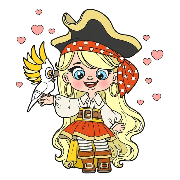 Leuke Cartoon Langharige Piraat Meisje Met Papegaai Hand Kleur Variatie — Stockvector