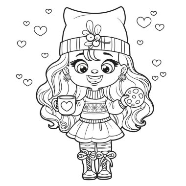 Çikolata parçalı kurabiyeli tatlı bir çizgi film kızı ve beyaz arka planda bir bardak elinde boya sayfası.