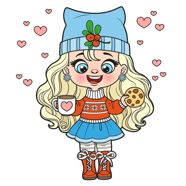 Menina Bonito Desenho Animado Com Biscoitos Chocolate Chip Uma Xícara — Vetor de Stock