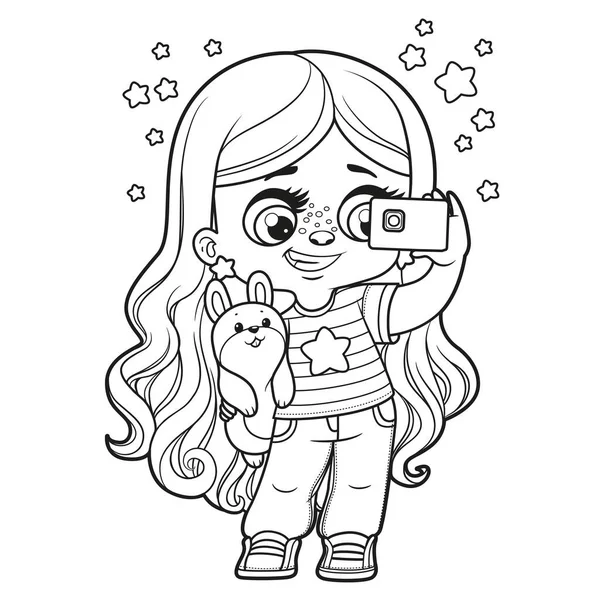 可爱的卡通长发女孩拿着一个自拍的智能手机轮廓 为白色背景的页面配色 — 图库矢量图片