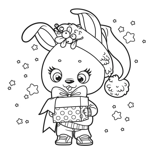 素面朝天的可爱卡通兔子 头戴礼帽 爪子拿着礼物 在白色背景上涂上色彩 — 图库矢量图片