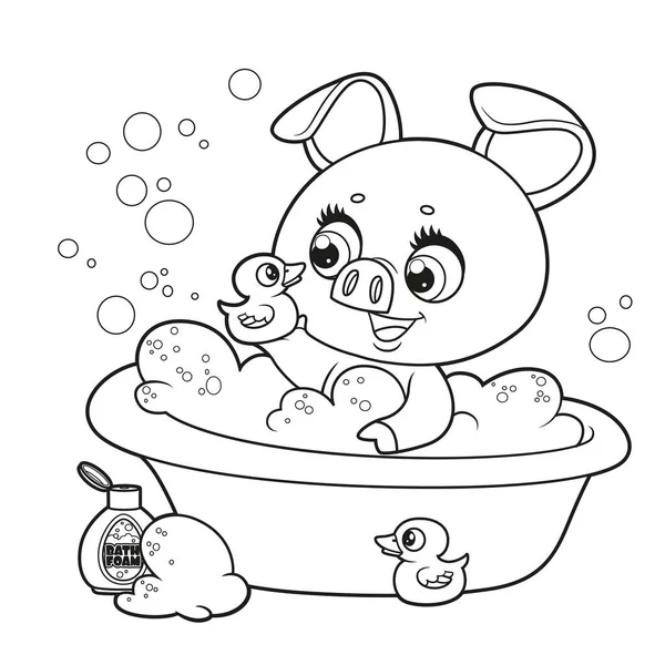 Cute Cartoon Piglet Bathes Bath Foam Ducks Outlined Coloring Page — Stock Vector