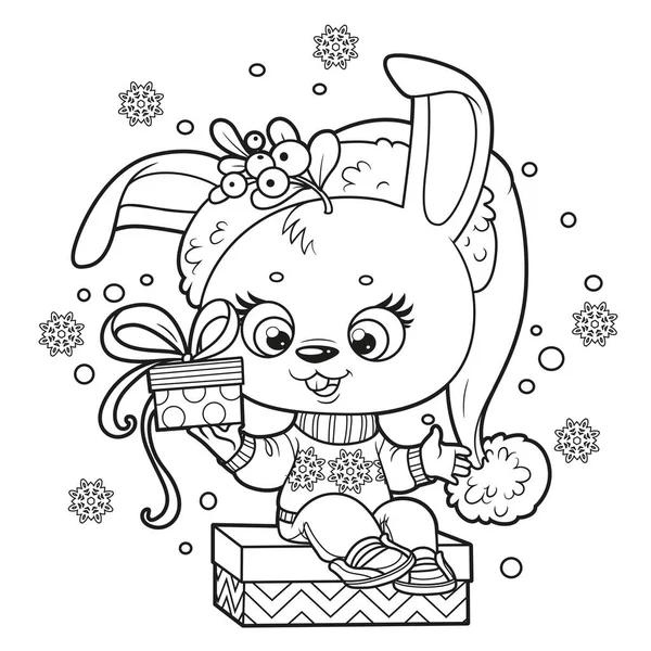 Симпатичный Мультяшный Кролик Новогодней Шляпе Сидит Подарочной Коробке Подарком Лапе — стоковый вектор