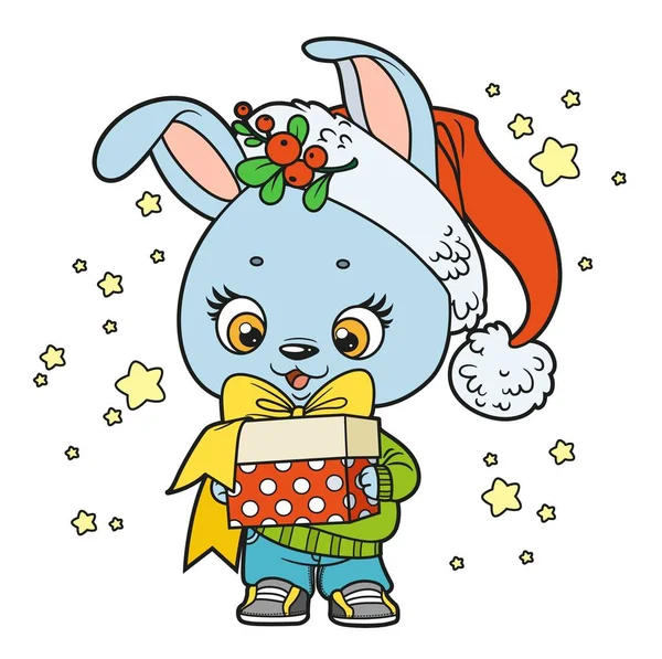 Милый Мультяшный Кролик Новогодней Шляпе Подарком Лапах Цветовой Вариации Раскраски — стоковый вектор