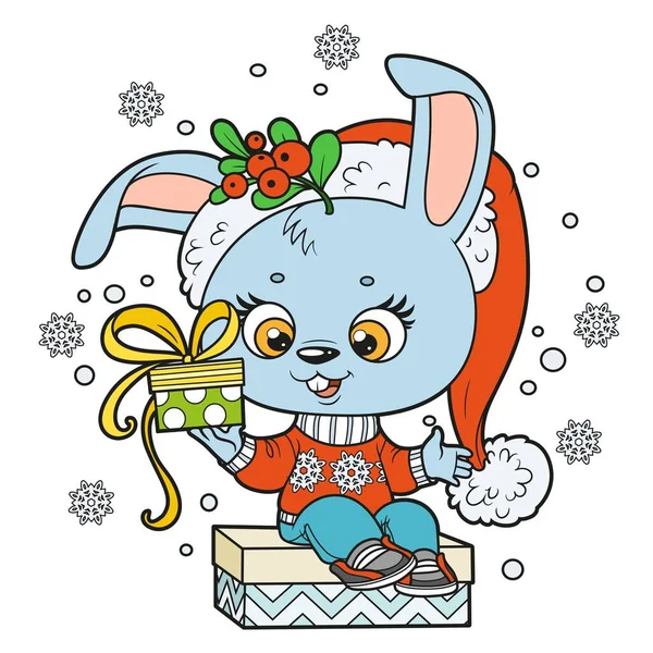 Милый Мультяшный Кролик Новогодней Шляпе Сидит Подарочной Коробке Подарком Цветовой — стоковый вектор