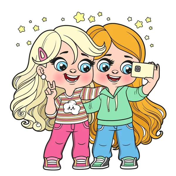 Cute Cartoon Two Long Haired Girls Taking Selfie Smartphone Outlined — Stock Vector