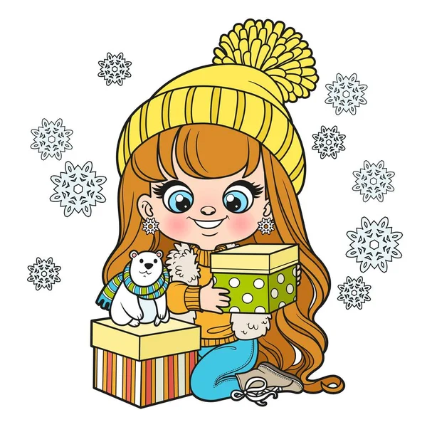 Cute Cartoon Longhaired Girl Gift Hand Color Variation Coloring Page — Stock Vector