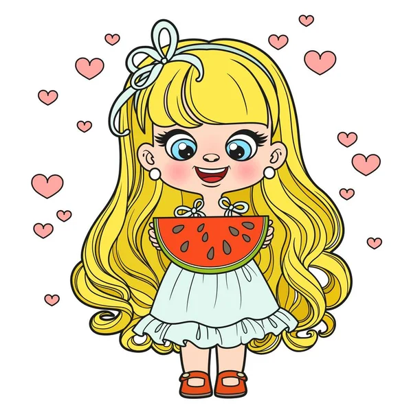 Cute Cartoon Longhaired Girl Big Slice Watermelon Hands Color Variation — Stock Vector