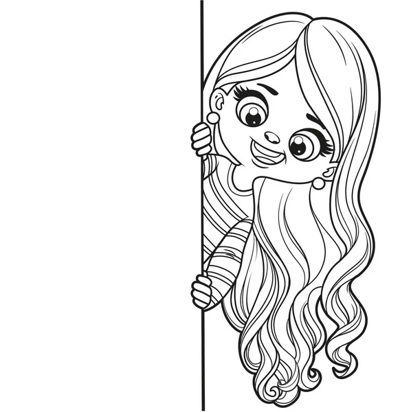Roztomilé Kreslené Dlouhé Vlasy Dívka Vykukující Zpoza Velkého Bílého Plakátu — Stockový vektor