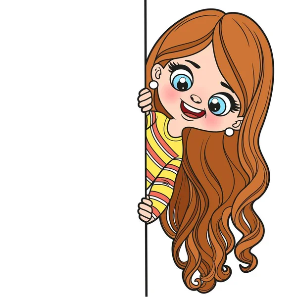 Cute Cartoon Long Haired Girl Peeking Out Big White Poster — Stock Vector