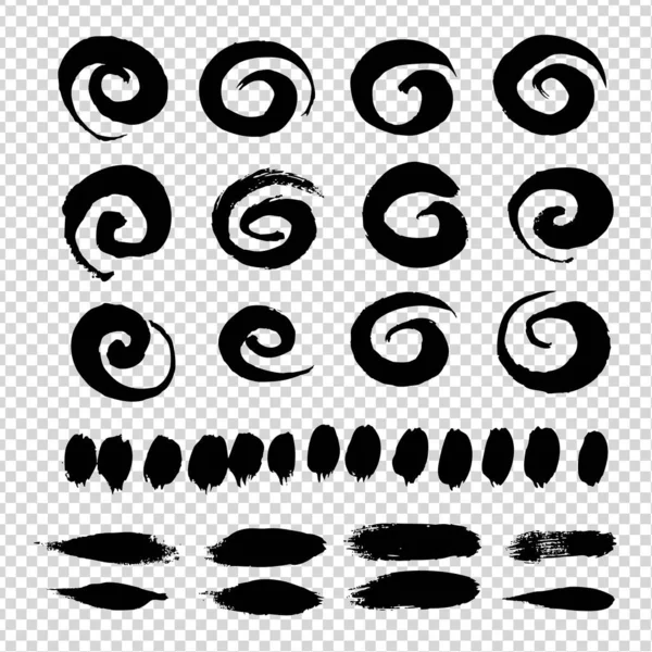 Черные Абстрактные Прямые Спиральные Мазки Кисти Установленные Прозрачном Фоне Имитации — стоковый вектор