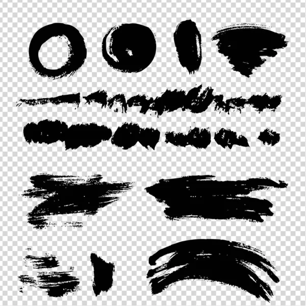 Abstrait Noir Différents Éléments Texturés Coups Pinceau Sur Fond Transparent — Image vectorielle