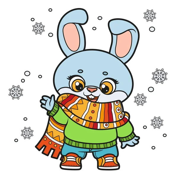 Cute Cartoon Rabbit Warm Sweater Scarf Color Variation Coloring Page — Stock Vector