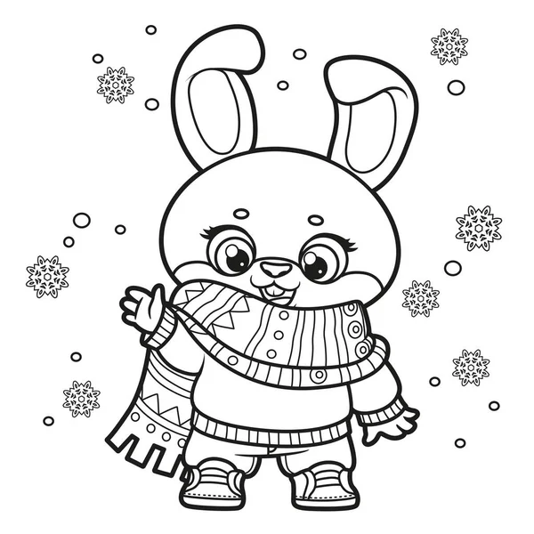 Cute Cartoon Rabbit Warm Sweater Scarf Outlined Coloring Page White — Stock Vector