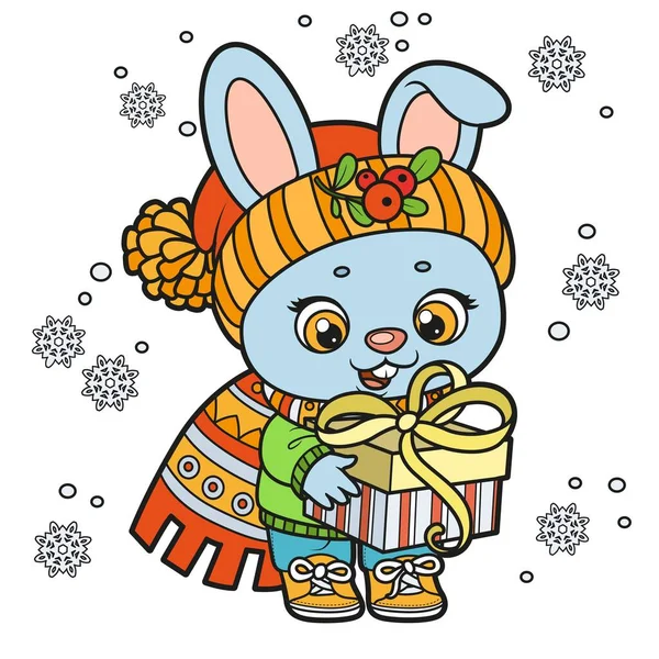 Милый Мультяшный Кролик Теплом Шарфе Шляпе Подарком Лапах Цветовой Вариации — стоковый вектор