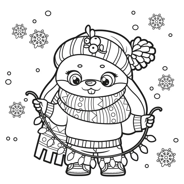 Cute Cartoon Rabbit Warm Scarf Garland Outline Variation Coloring Page — Stock Vector
