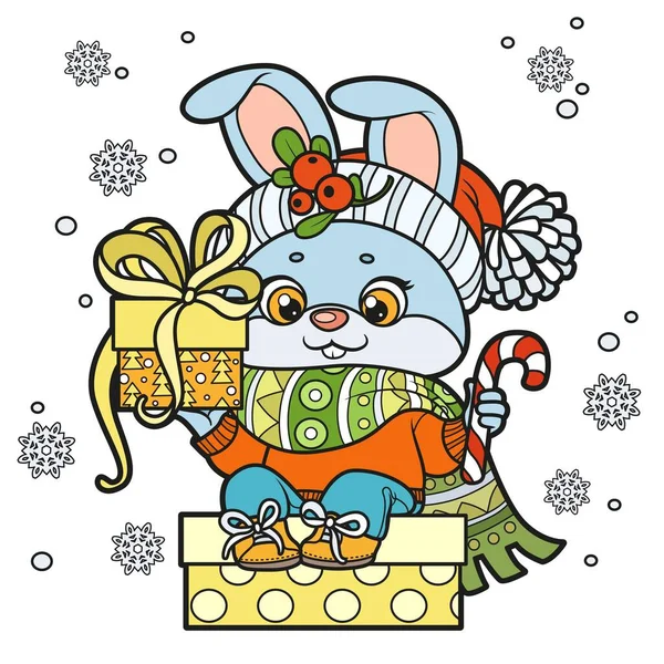 暖かいスカーフとセーターのかわいい漫画のウサギは 白い背景にページを着色するためのギフトボックスの色のバリエーションに座っています — ストックベクタ