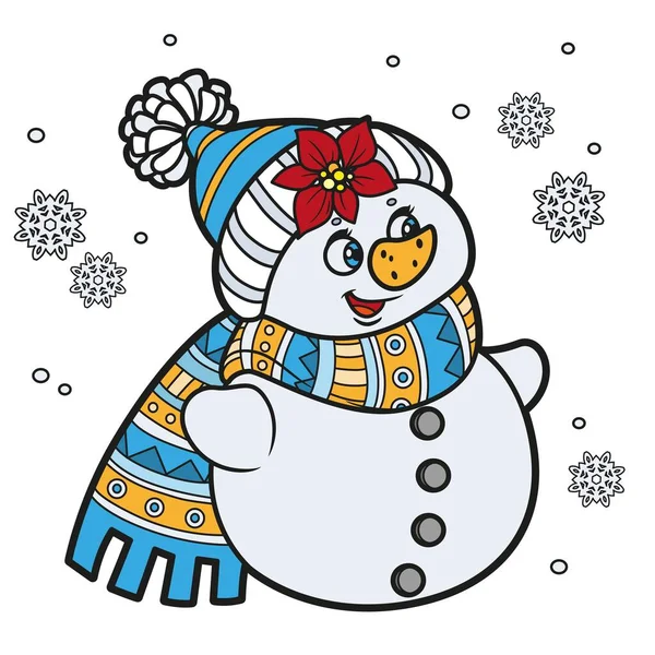 Cute Cartoon Christmas Snowman Warm Hat Scarf Color Variation Coloring — Stock Vector