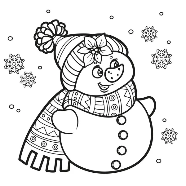 Cute Cartoon Christmas Snowman Warm Hat Scarf Outlined Coloring Page — Stock Vector
