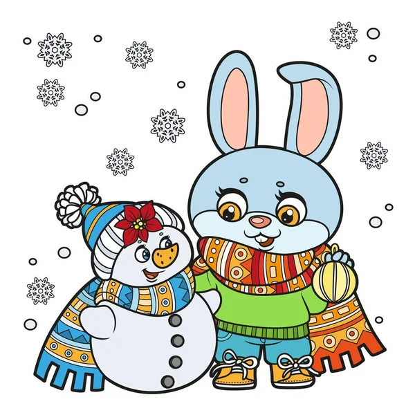 Schattig Cartoon Konijn Warme Sjaal Trui Praten Met Een Sneeuwpop — Stockvector