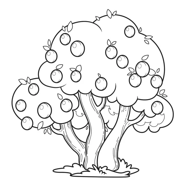 Large Overgrown Plum Tree Fruits Outlined Coloring Page White Background — Stock Vector