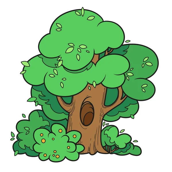 Duże Drzewo Liściaste Pustym Krzakach Odmiany Kolorów Dla Strony Barwiących — Wektor stockowy