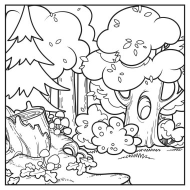 Old fairy tale forest with glade and big old stump with toadstools on the front plane outlined variation for coloring page isolated on white background clipart