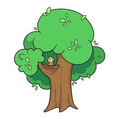 Büyük foliar taç ve kuş yuva renk varyasyonu ile ağaç beyaz arkaplan izole renk sayfası için