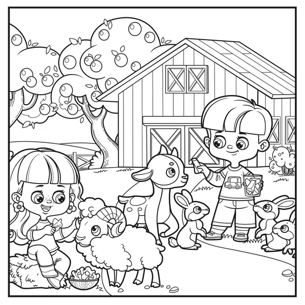 Children Feed Animals Farm Barn Linear Drawing Coloring Book White — Stock Vector