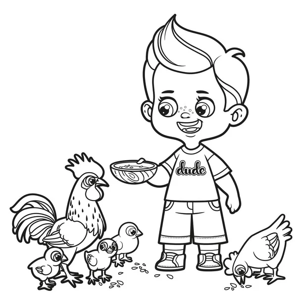 Cute Cartoon Boy Feeds Feeds Chickens Chicks Grains Bowl Outlined — Stock Vector