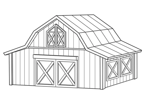 白い背景の上に本を着色するために概説大きな木製の納屋 — ストックベクタ