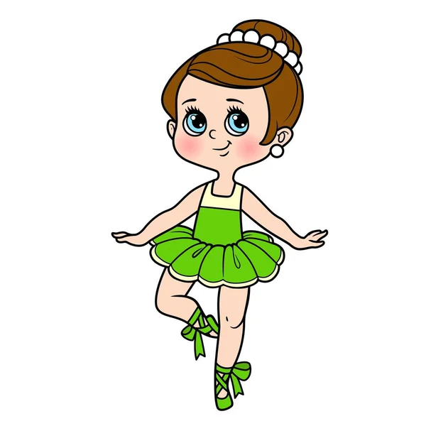 漫画Balelina女の子で緑豊かなTutuダンス上の1本の足の色のバリエーションのために着色ページ隔離された白い背景 — ストックベクタ
