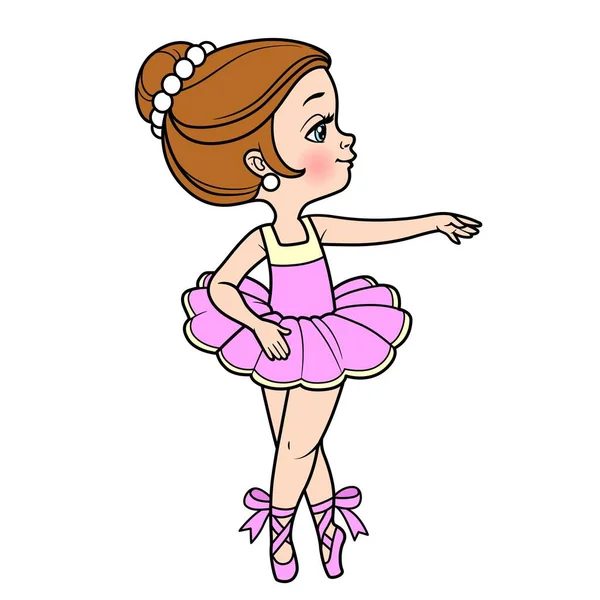 Dibujos Animados Pequeña Bailarina Chica Variación Color Para Colorear Página — Vector de stock