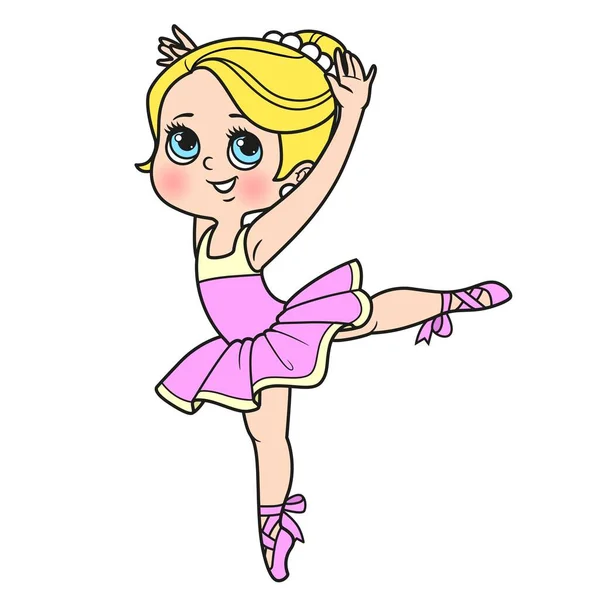 Leuke Cartoon Kleine Ballerina Meisje Dansen Een Been Kleur Variatie — Stockvector