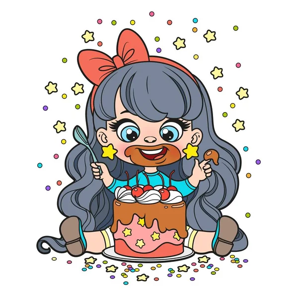 Cute Cartoon Girl Sit Big Cake Whipped Cream Cherries Color — Stock Vector