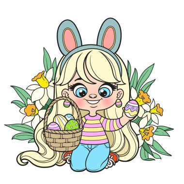 Cute cartoon long haired  girl with bunny ears and a basket plays Easter egg color variation for coloring page on a white background clipart