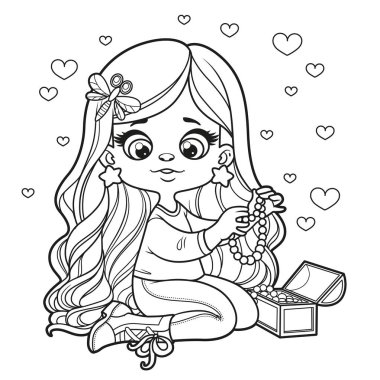 Sevimli çizgi film, uzun saçlı kız, beyaz arka planda boyama sayfası için özetlenmiş mücevher kutusundan mücevher ölçer.