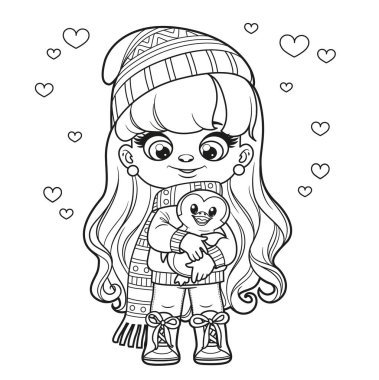 Cute cartoon long haired girl with toy penguin in hands and winter clothes outlined for coloring page on a white background