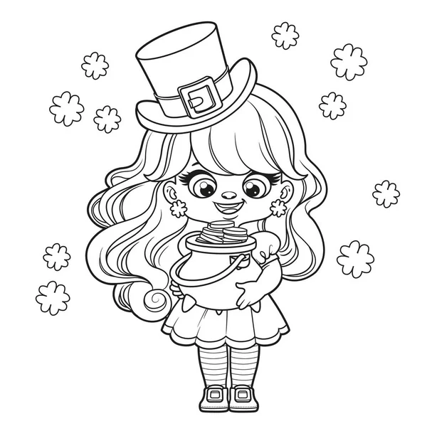 Cute cartoon leprechaun girl  with a pot of gold outlined variation for coloring page on white background