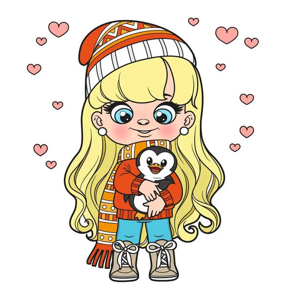 Cute Cartoon Long Haired Girl Toy Penguin Hands Winter Clothes — Vetor de Stock