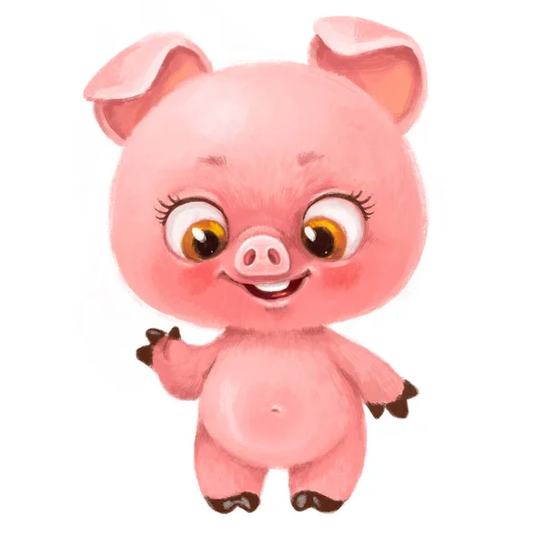Cute Little Fluffy Pink Piglet Waving His Hoof Hello Smiling — Stock Photo, Image