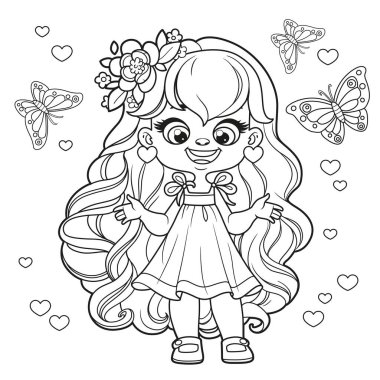 Cute cartoon long curly haired girl in lush dress with butterflies outlined for coloring page on a white background