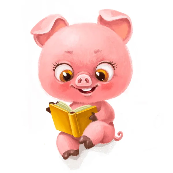 Cute Little Fluffy Pink Piglet Read Book Sit White Background — Stock Photo, Image